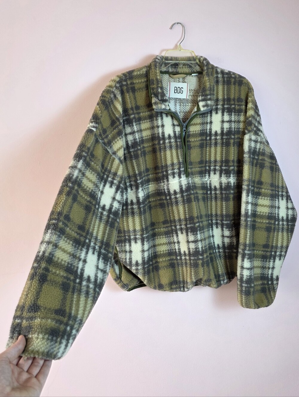 BDG Olive & Cream Plaid Half-Zip Fleece Pullover